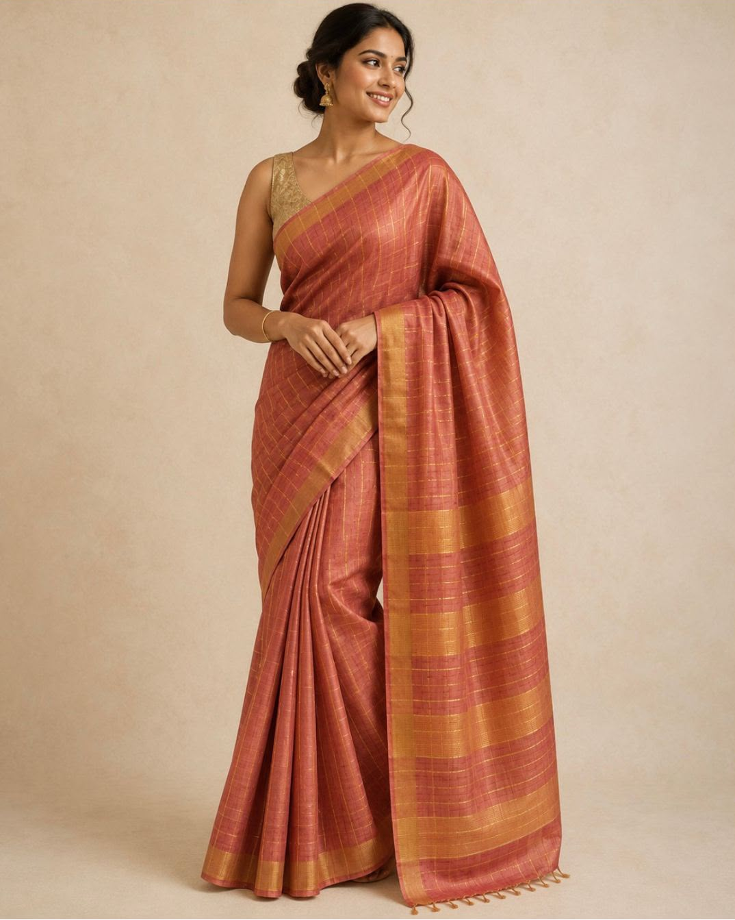 A woman modeling a rust-orange and gold striped silk saree with a gold embroidered sleeveless blouse, set against a plain beige studio background.