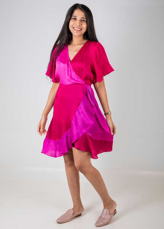 Pink Purple Frill Sleeves Ombre Modal Dress