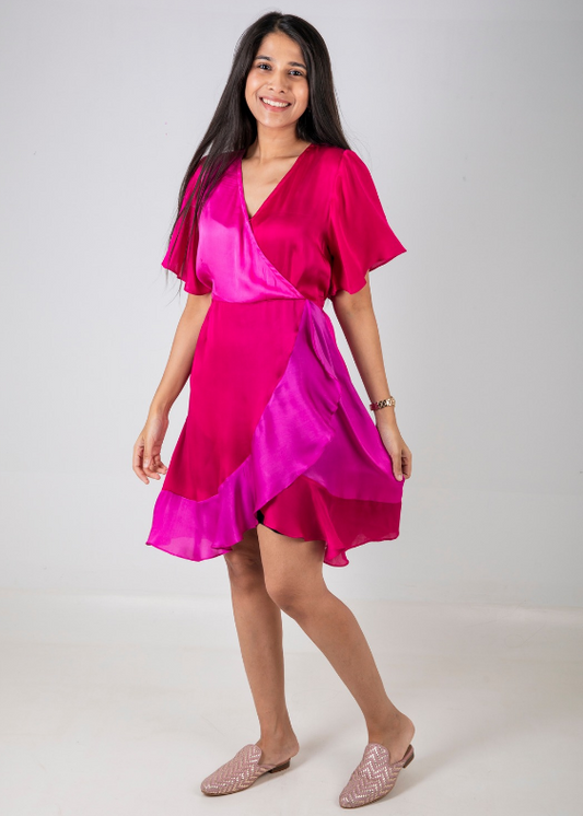 Pink Purple Frill Sleeves Ombre Modal Dress