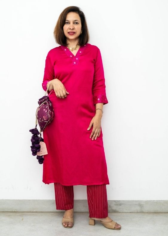 Pink Brocade Modal Silk Long Kurta