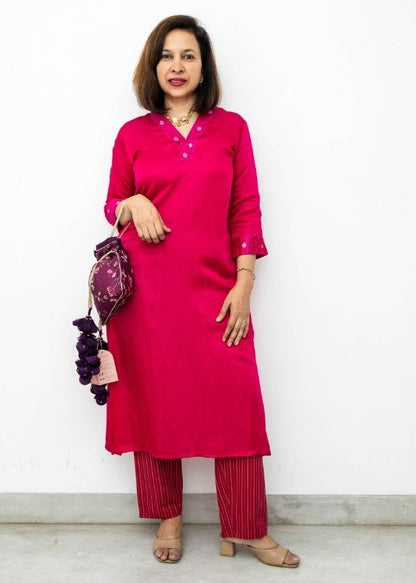 Pink Brocade Modal Silk Long Kurta