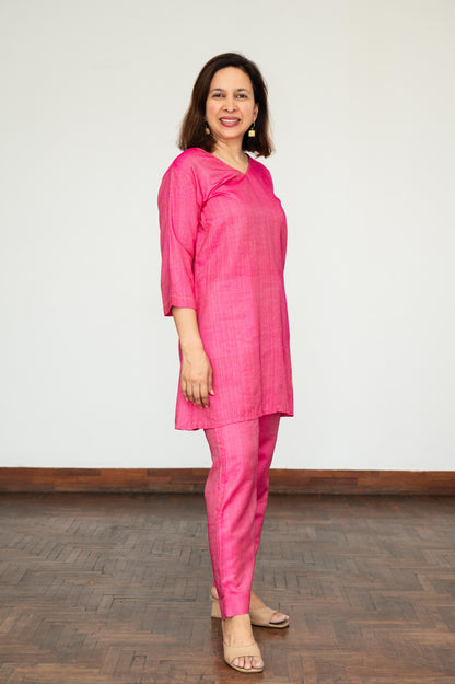 Pink Ginko Leafs Tussar Cotton Tunic