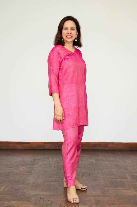 Pink Ginko Leafs Tussar Cotton Tunic
