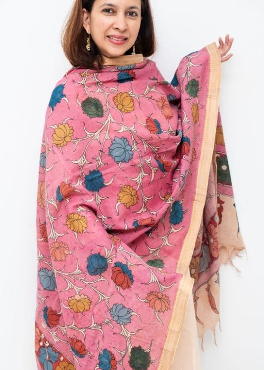 Pink Kalamkari Hand Painted Dupatta