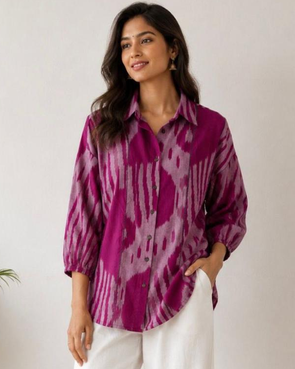 A woman modeling a purple and pink ikat patterned button-down shirt with white wide-leg pants, standing in a minimalist room with a potted plant on the left.