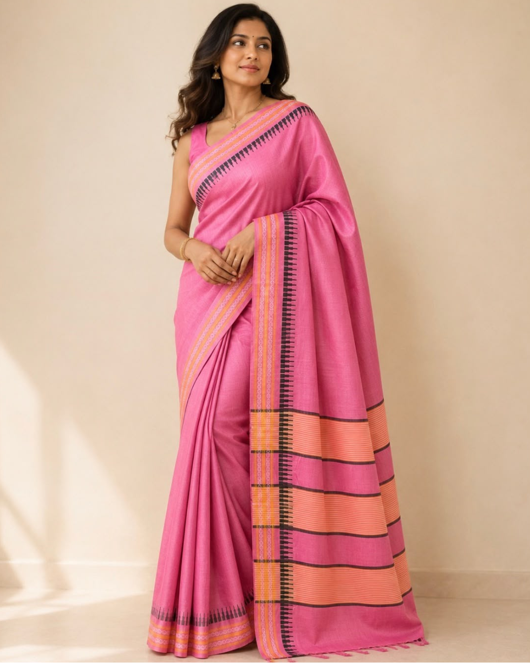 A woman modeling a bright pink silk saree with peach and orange stripes and black borders, paired with a matching pink blouse, set against a plain beige background.