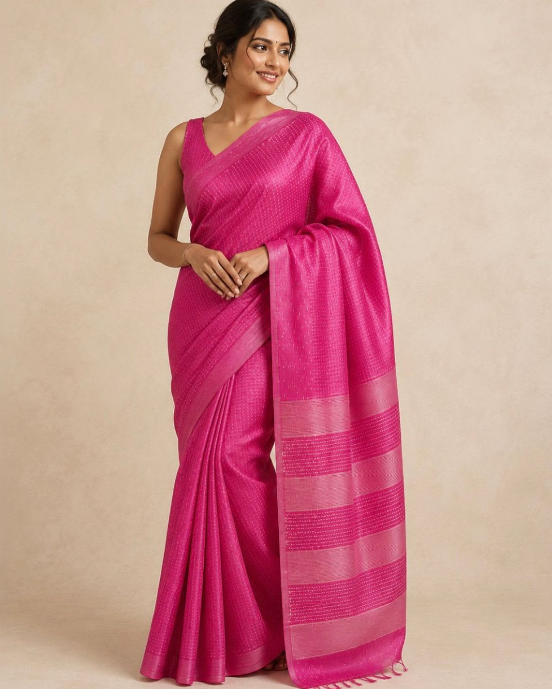 A woman modeling a bright pink silk saree with a matching sleeveless blouse, set against a neutral beige studio backdrop.