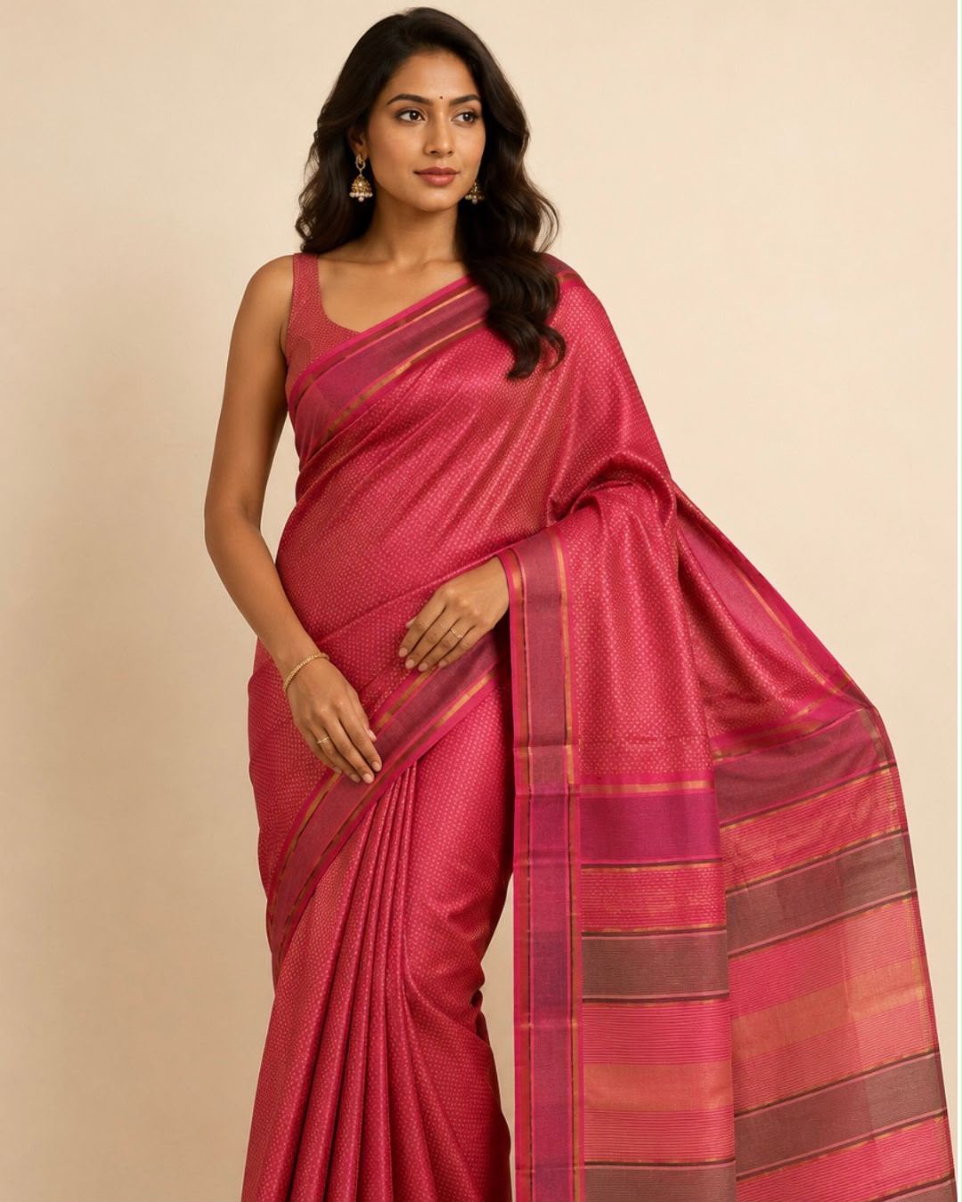 A woman modeling a bright pink silk saree with a matching sleeveless blouse, set against a plain beige studio background.