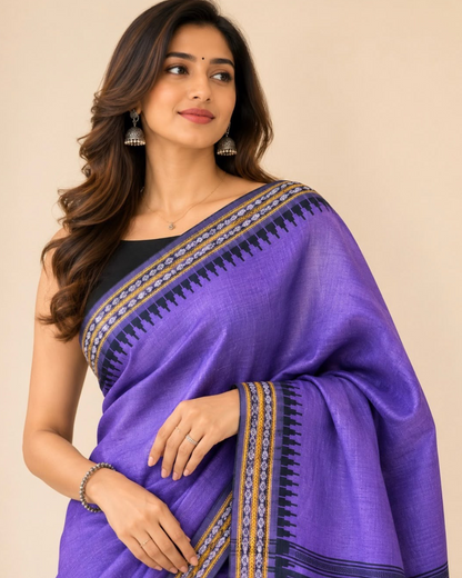 Purple Black Border Tussar Silk Saree