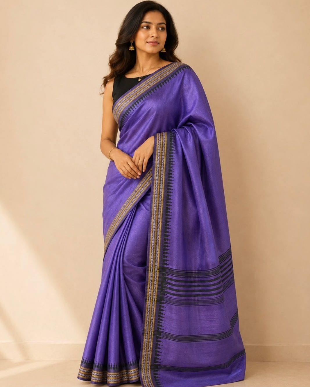 Purple Black Border Tussar Silk Saree