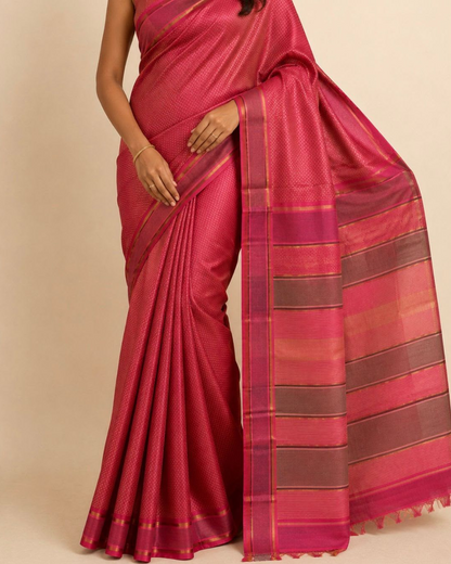 A woman wearing a bright pink silk saree with a wide striped border in shades of pink, brown, and gold, set against a plain beige background.