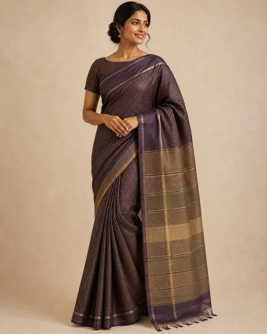A woman modeling a dark purple and brown patterned saree with a matching short-sleeve blouse against a plain beige studio background.