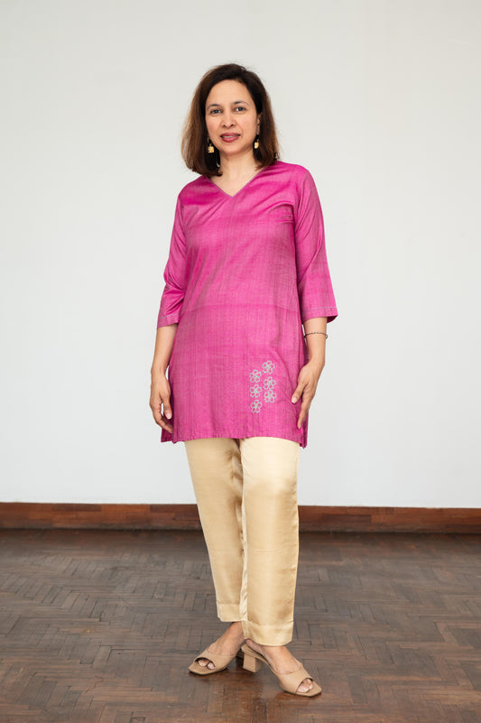 Purple V Neck Floral Tussar Cotton Tunic