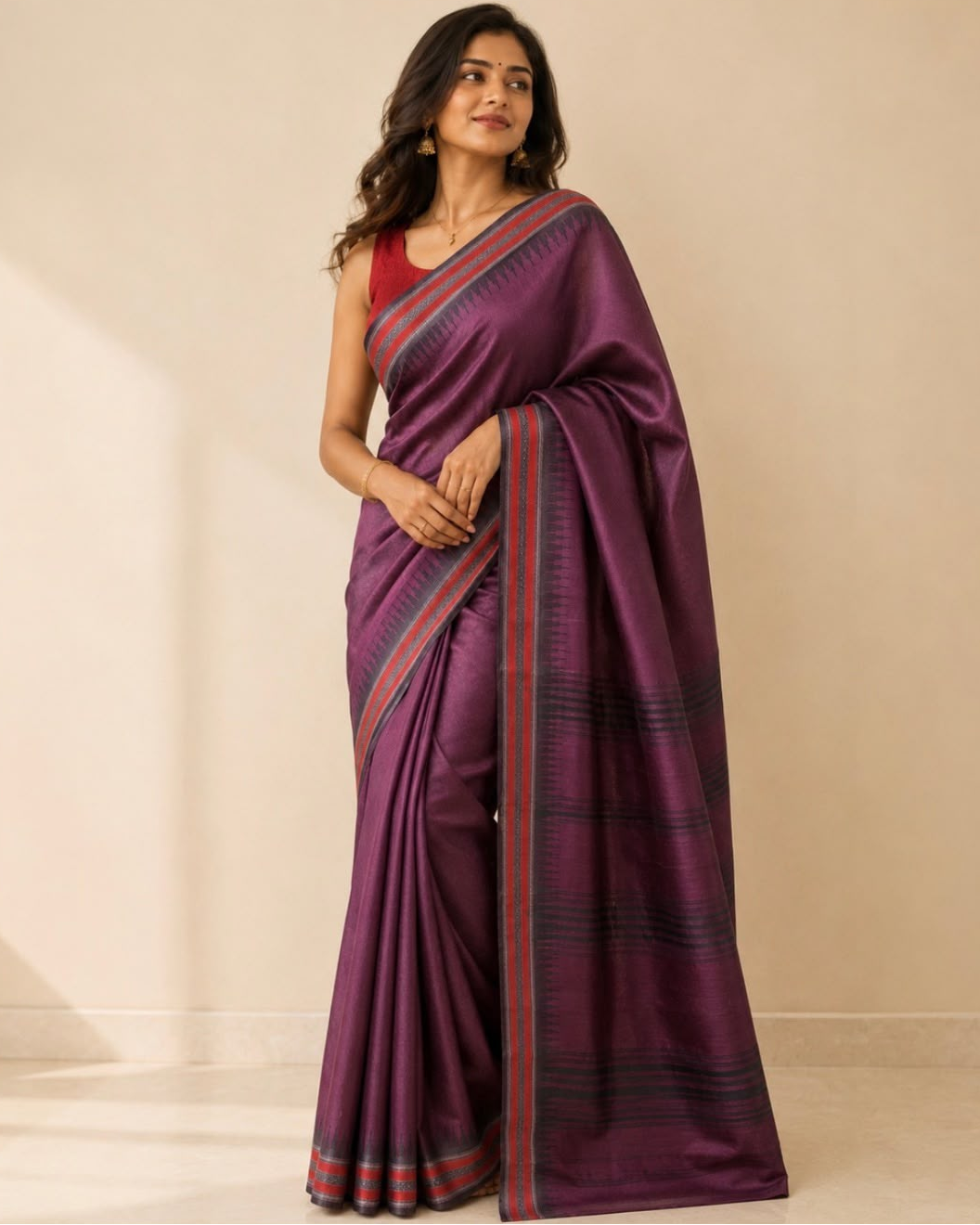 A woman modeling a purple silk saree with a red and blue patterned border, paired with a red sleeveless blouse, set against a plain beige studio background.