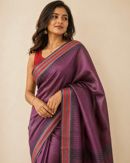 A woman wearing a purple silk saree with red and blue striped borders, paired with a red sleeveless blouse, standing against a plain beige background.