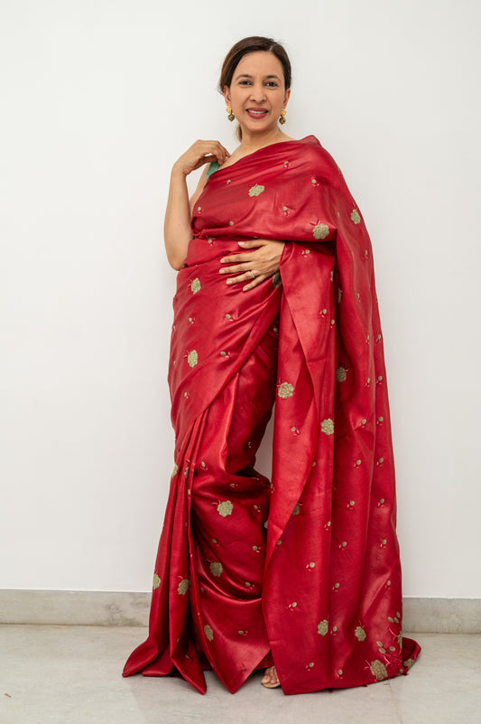 Red Green Floral Embroidery Tussar Silk Saree
