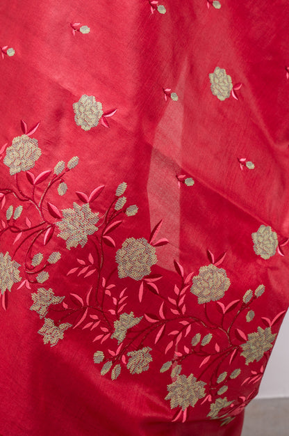 Red Green Floral Embroidery Tussar Silk Saree