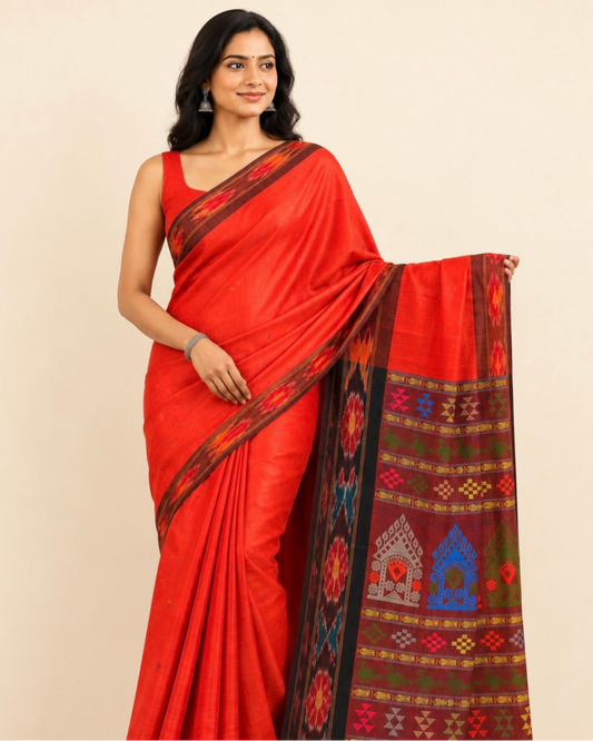 A woman modeling a bright red silk saree with a dark brown border and a highly detailed multicolored patterned pallu, set against a plain beige background.