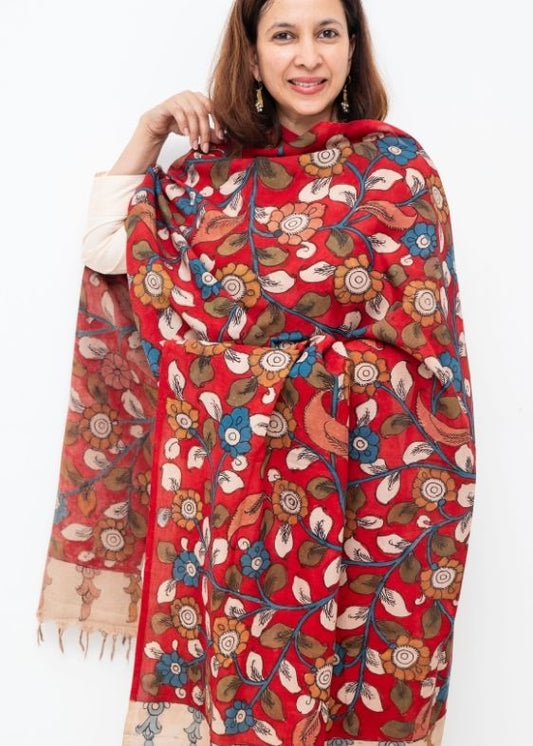 Red Kalamkari Hand Painted Dupatta