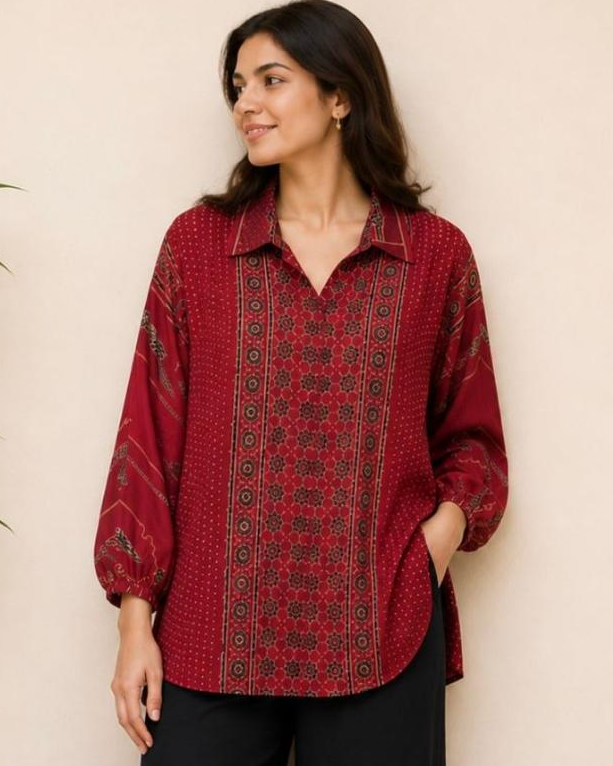 A woman stands indoors wearing a long-sleeve collared blouse with a red and black embroidered pattern and black wide-leg pants, paired with tan sandals. A potted plant is visible at the left edge against a plain beige wall.