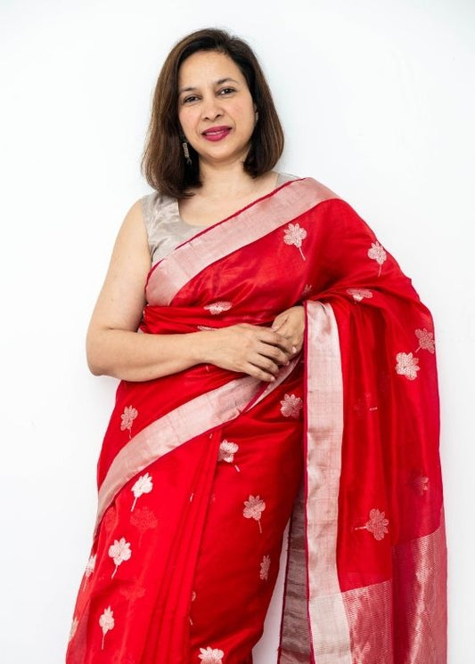 Red Silverbuti Silk Chanderi Saree