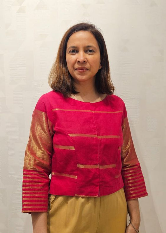 Royal Pink with Gold Fulia Cotton stripes Blouse
