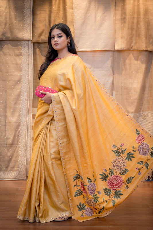 Yellow Tusssar Cross Stich Gold Embroidery Saree