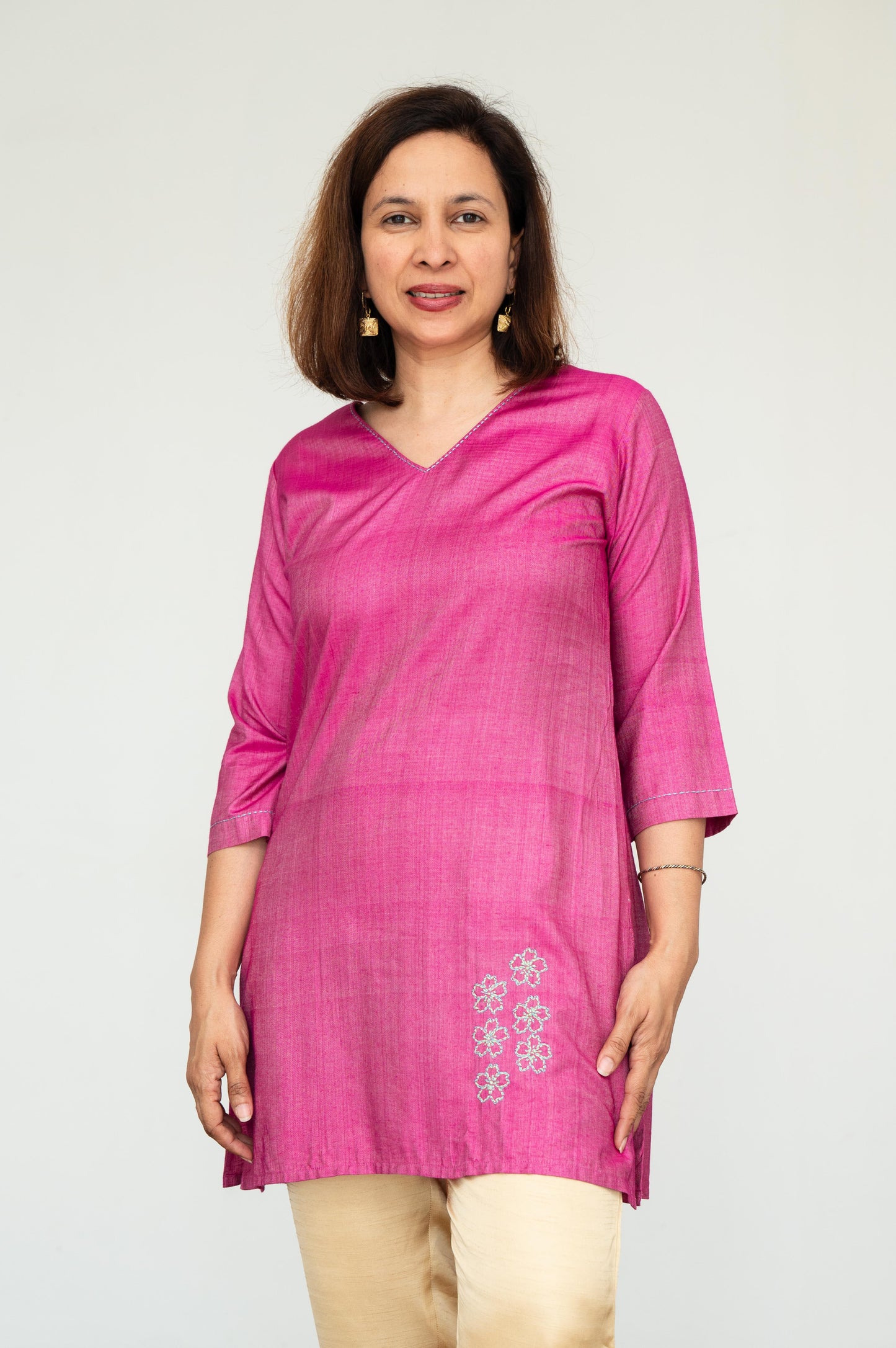 Purple V Neck Floral Embroidered Tussar Cotton Tunic
