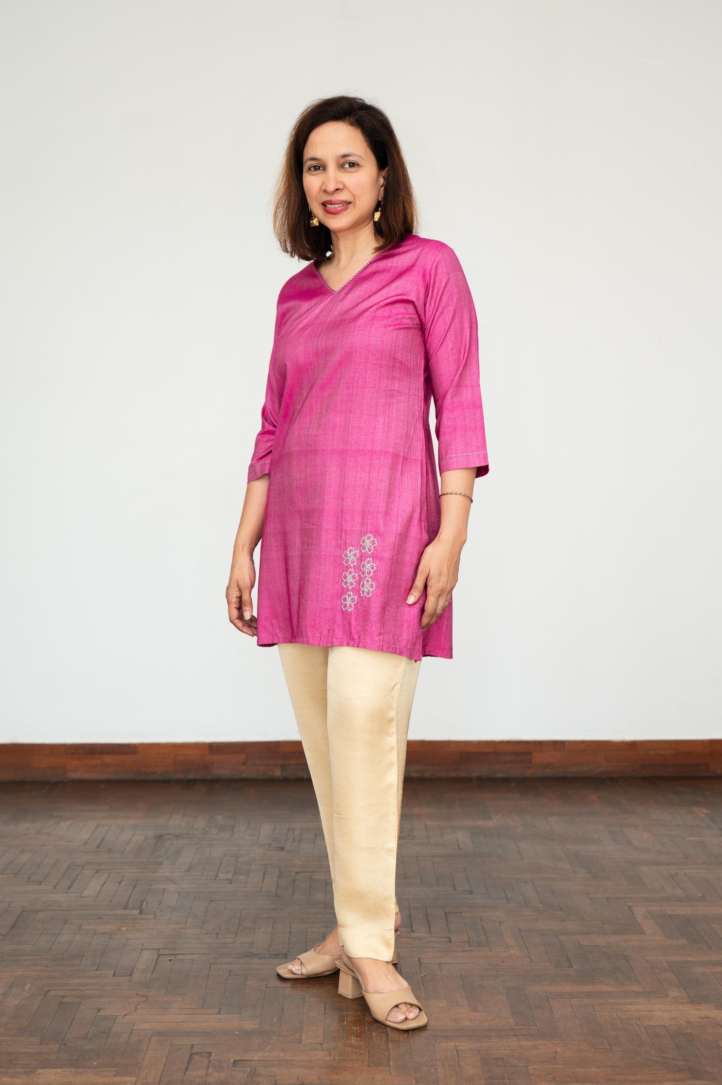 Purple V Neck Floral Embroidered Tussar Cotton Tunic