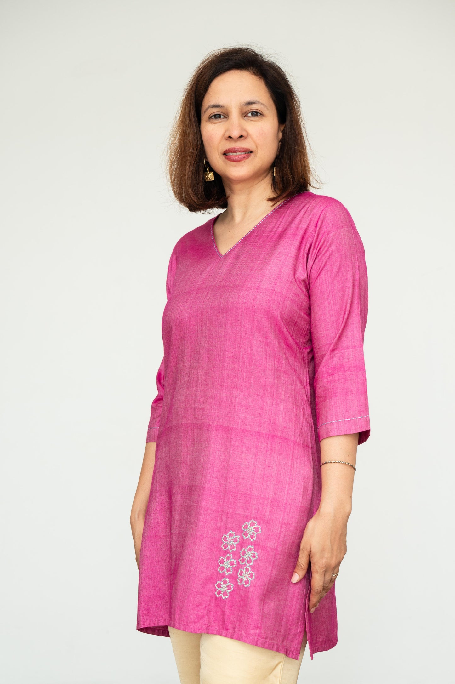 Purple V Neck Floral Embroidered Tussar Cotton Tunic