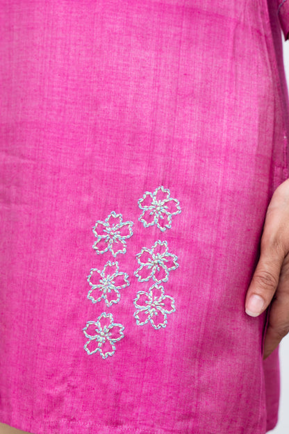 Purple V Neck Floral Embroidered Tussar Cotton Tunic