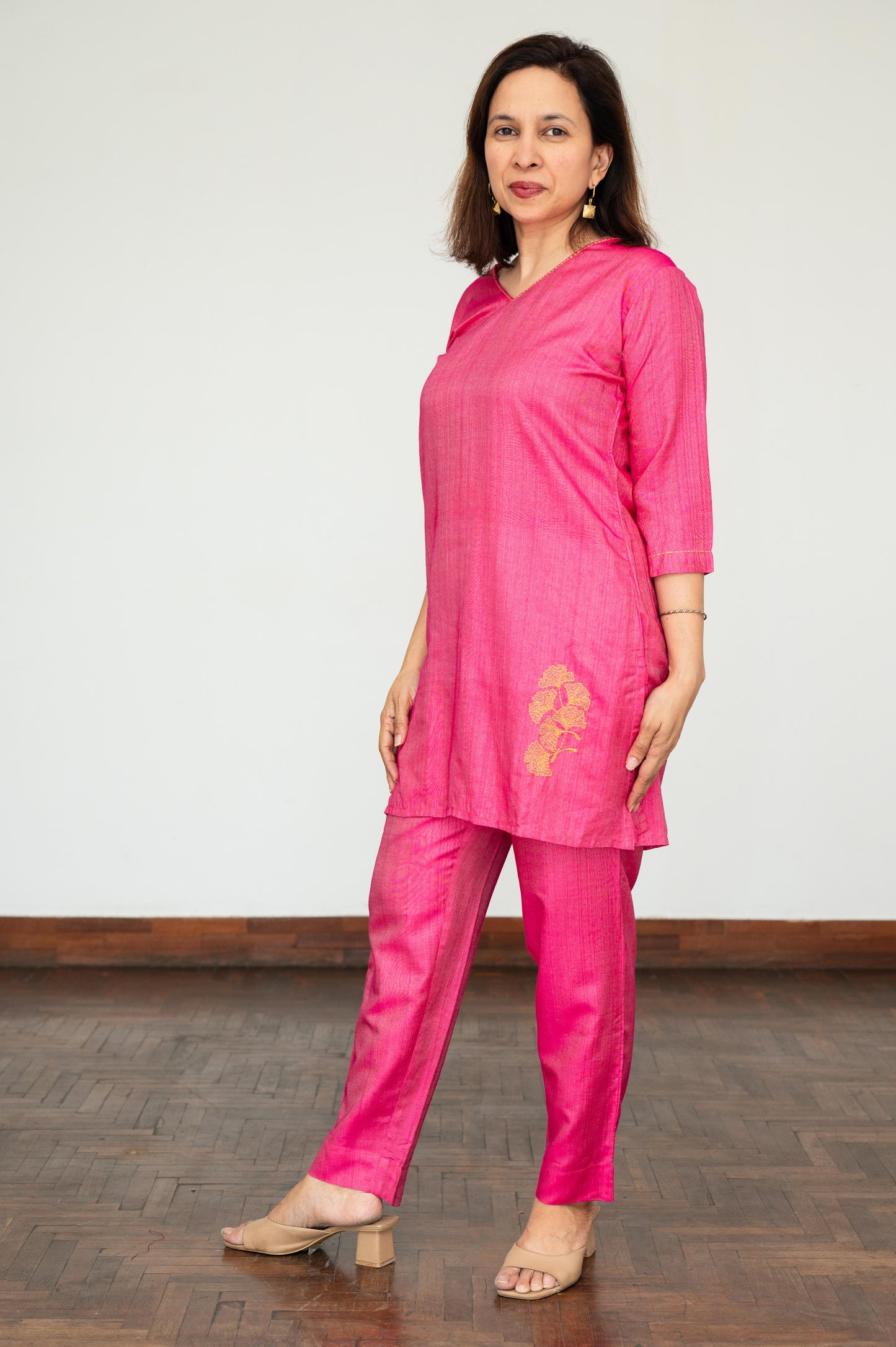 Pink Ginko Leaf Embroidered Tussar Cotton Tunic