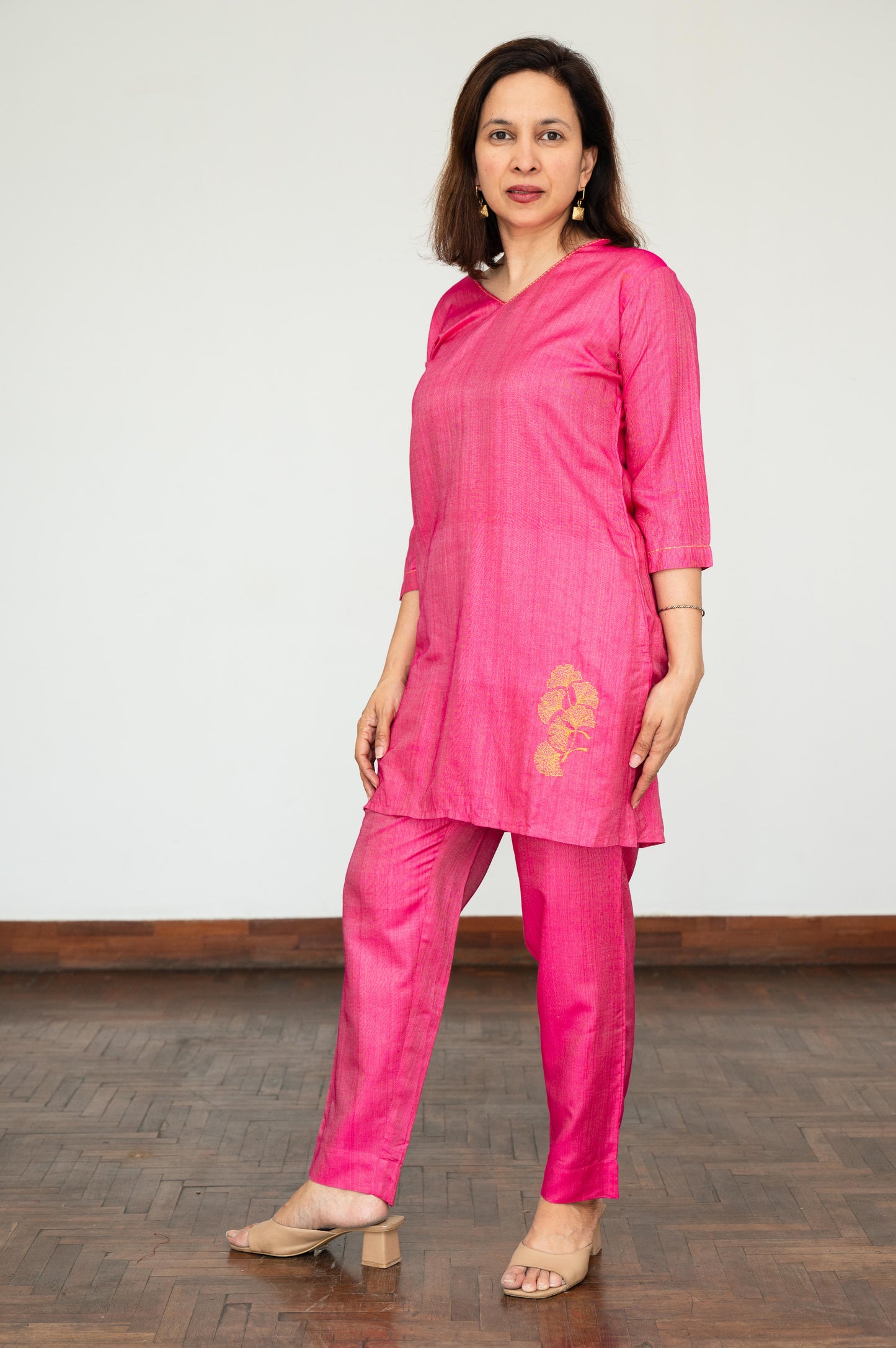Pink Ginko Leaf Embroidered Tussar Cotton Tunic