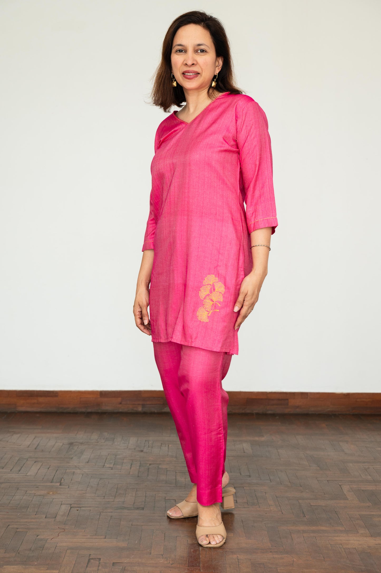 Pink Ginko Leaf Embroidered Tussar Cotton Tunic