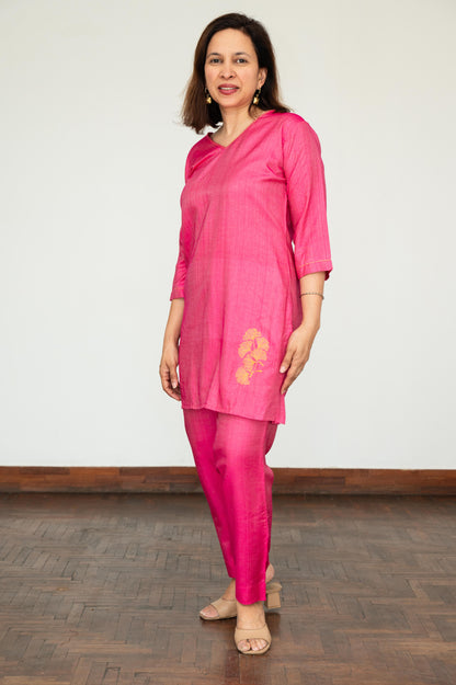 Pink Ginko Leaf Embroidered Tussar Cotton Tunic