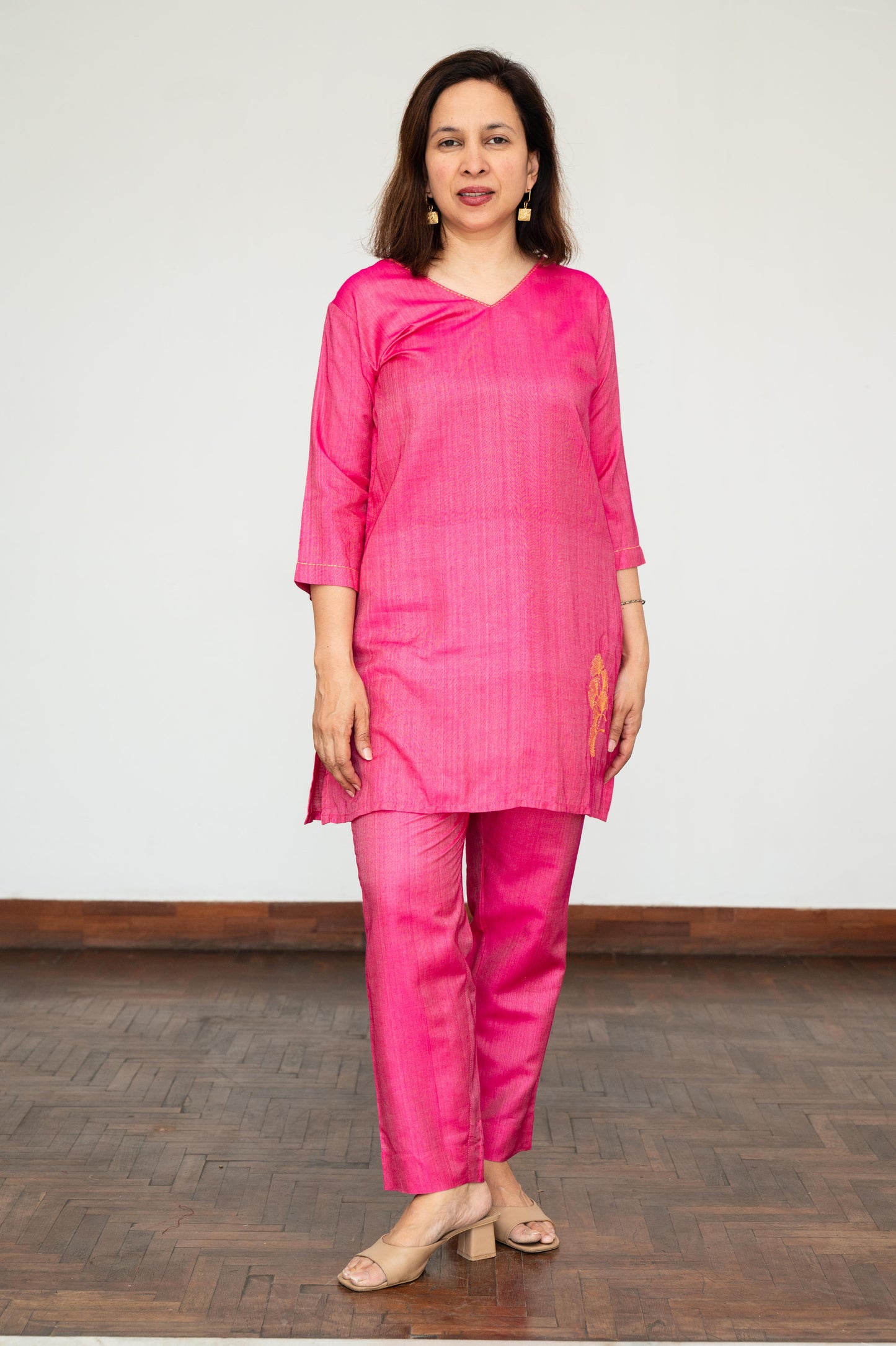 Pink Ginko Leaf Embroidered Tussar Cotton Tunic