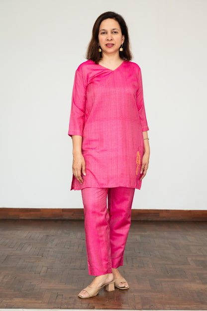 Pink Ginko Leaf Embroidered Tussar Cotton Tunic