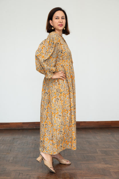 Mustard Kalamkari Balloon Sleeves Dress