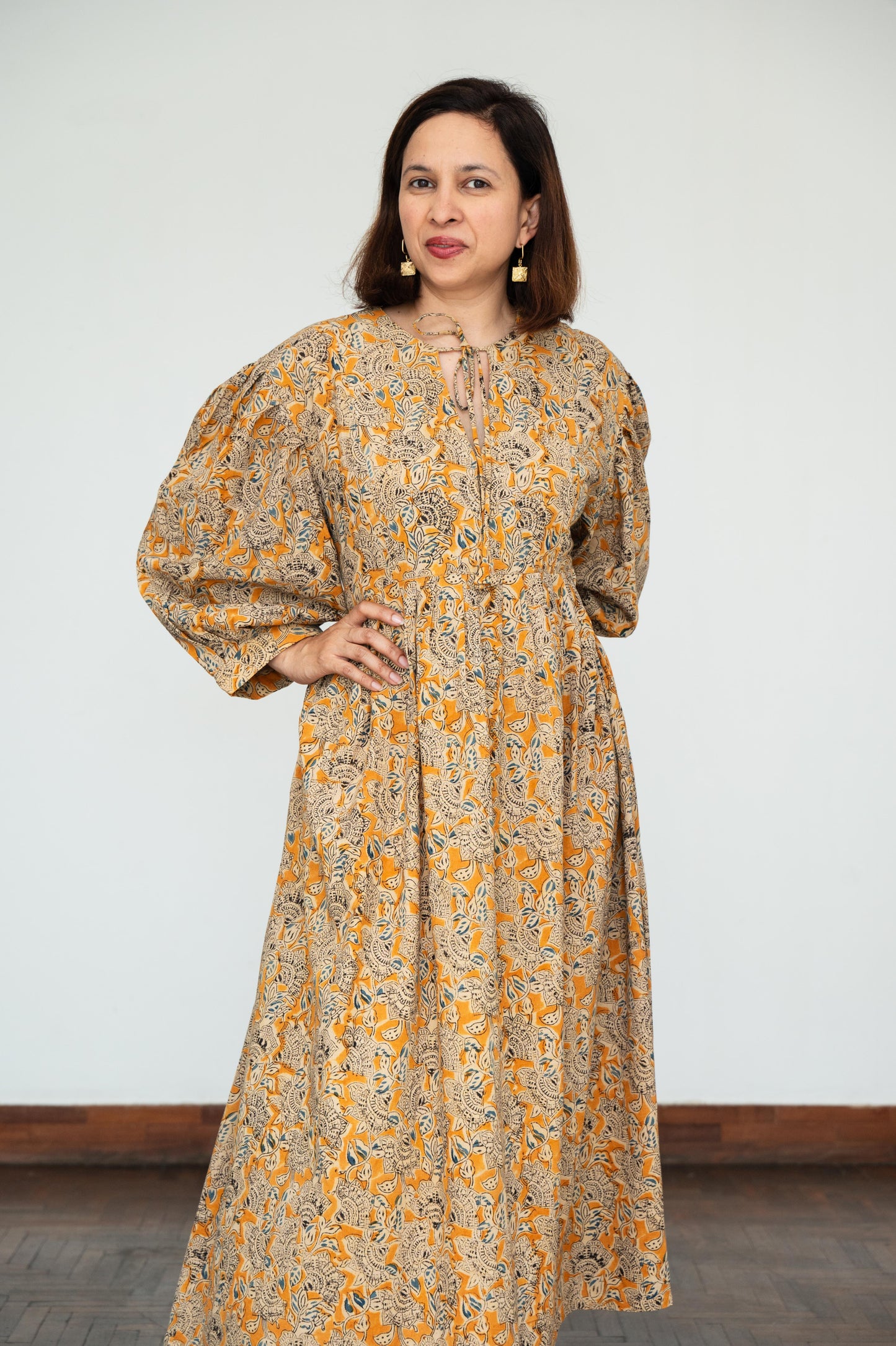 Mustard Kalamkari Balloon Sleeves Dress