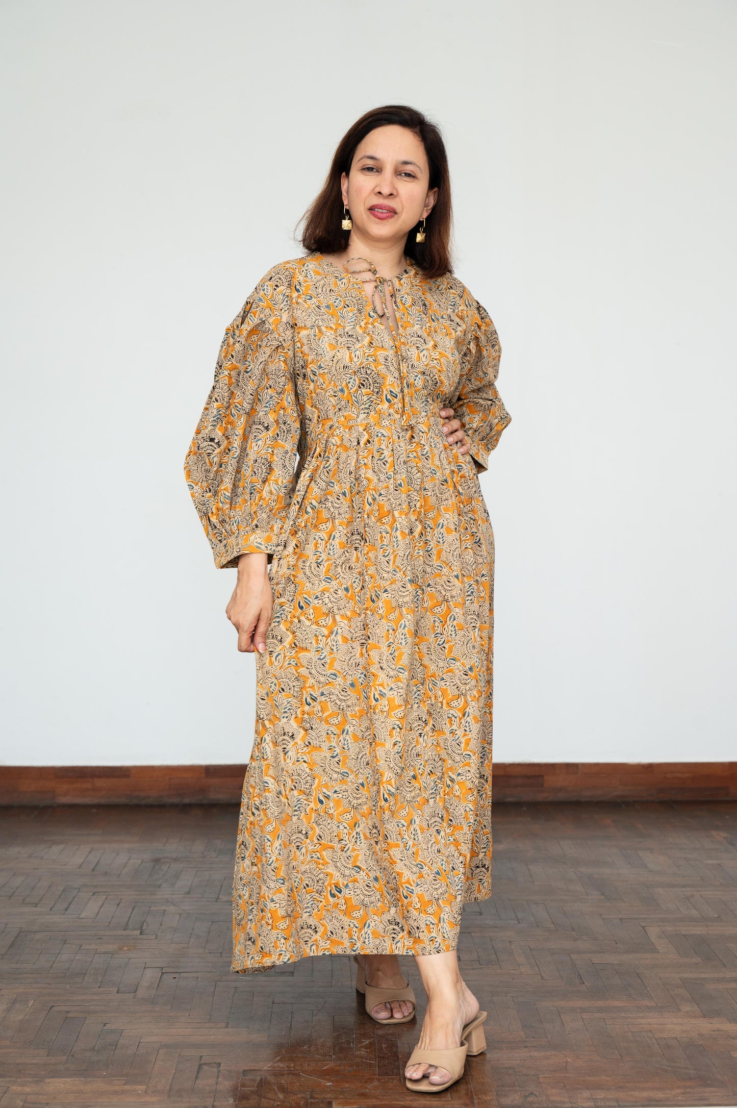 Mustard Kalamkari Balloon Sleeves Dress