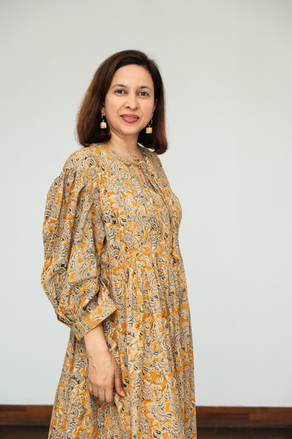 Mustard Kalamkari Balloon Sleeves Dress