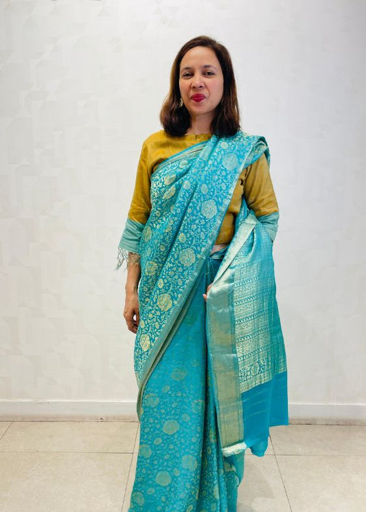 Sea Blue Silk Crepe Saree