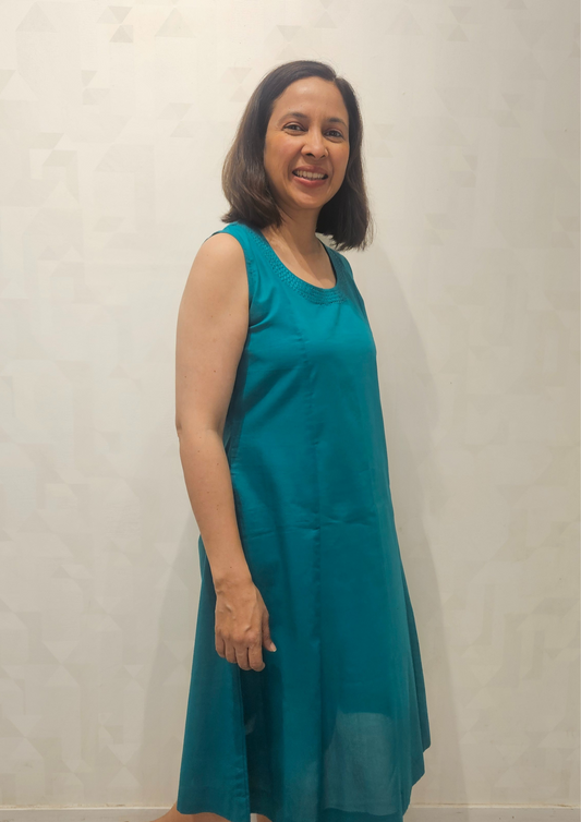 Green Round Neck Hand Embroidery Sleeveless Cotton Dress