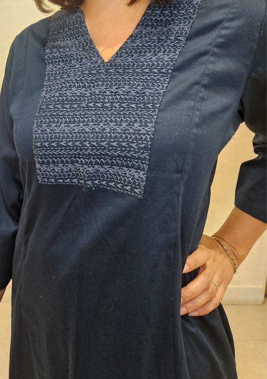 Navy Blue V Neck hand Embroidery Yoke Glazed Cotton Kurta