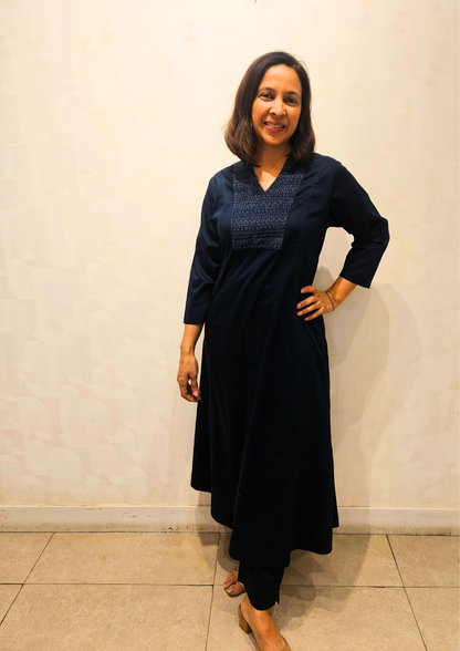 Navy Blue V Neck hand Embroidery Yoke Glazed Cotton Kurta