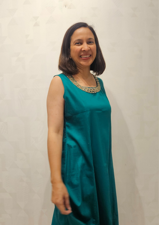 Green Round Neck Lace Embroidery Glazed Cotton Sleeveless Dress