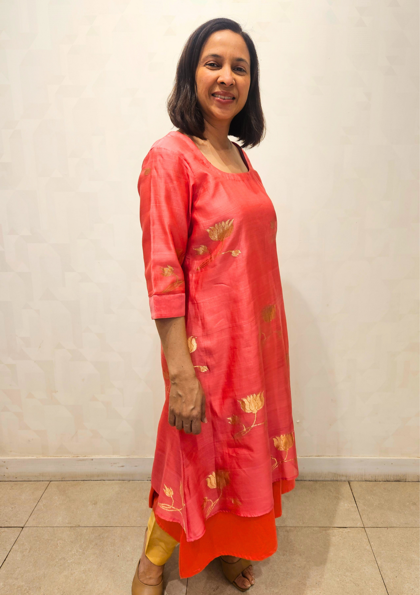 Pink Lotus Boota Double Layer Chanderi Silk Dress
