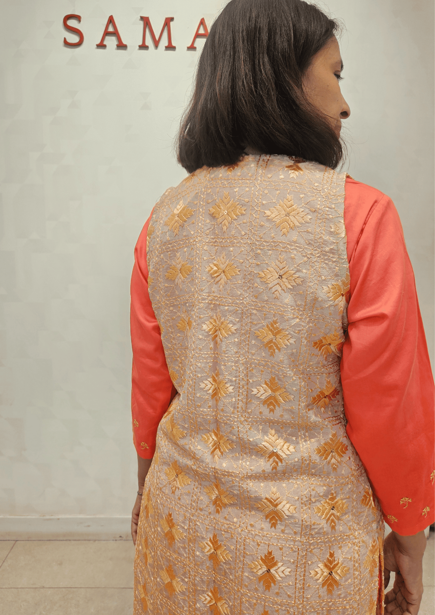 Peach Phulkari Hand Embroidery Sleeveless Silk Jacket