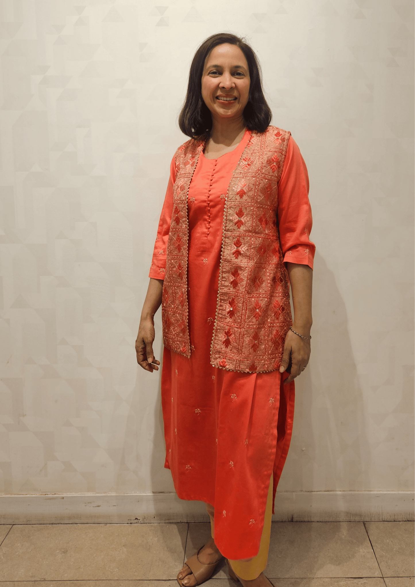 Pink Gold Phulkari Hand Embroidery Sleeveless Hip Length Silk Jacket