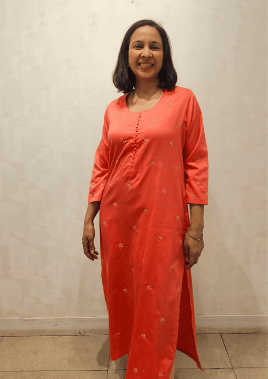 Pink Hand Emboridery Glazed Cotton Long Kurta